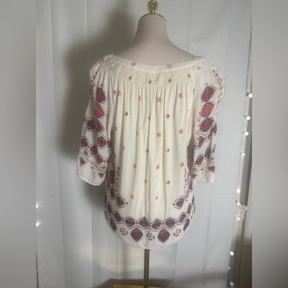 Fig and Flower Embroidered Boho Peasant Top Tassel Tie Blouse Medium - Picture 6 of 7